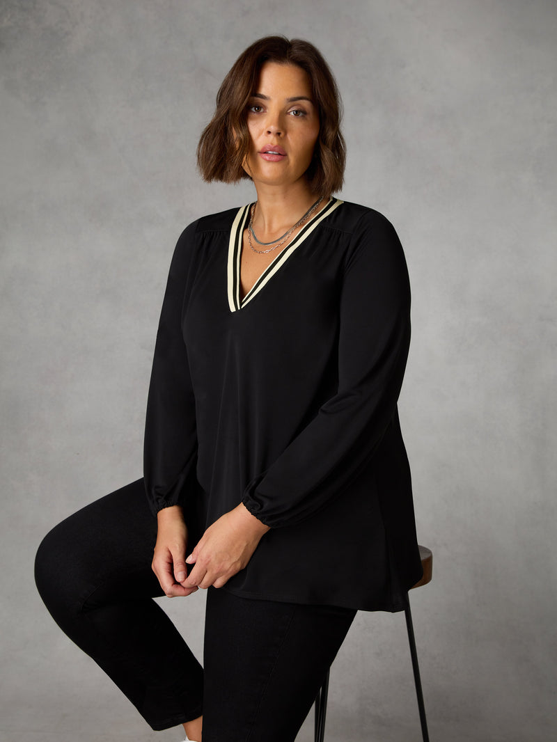Black Jersey Stripe Trim Top