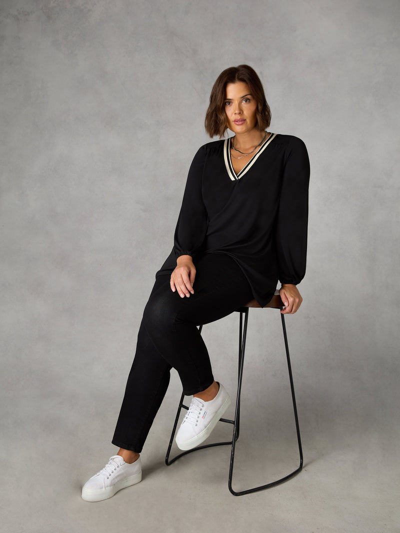 Black Jersey Stripe Trim Top