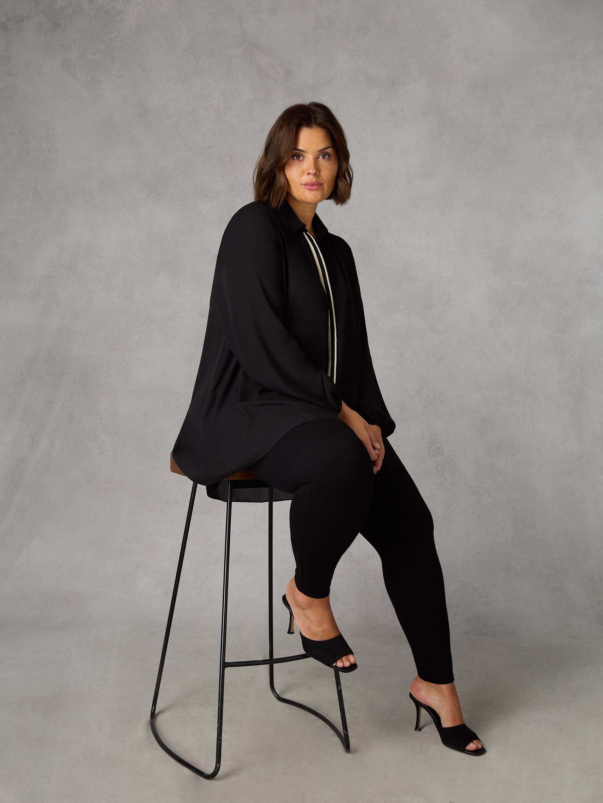 Black Chiffon Trim Front Longline Shirt