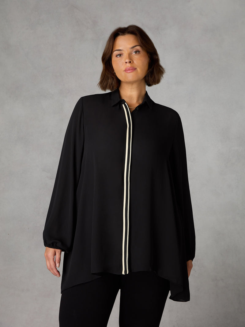 Black Chiffon Trim Front Longline Shirt