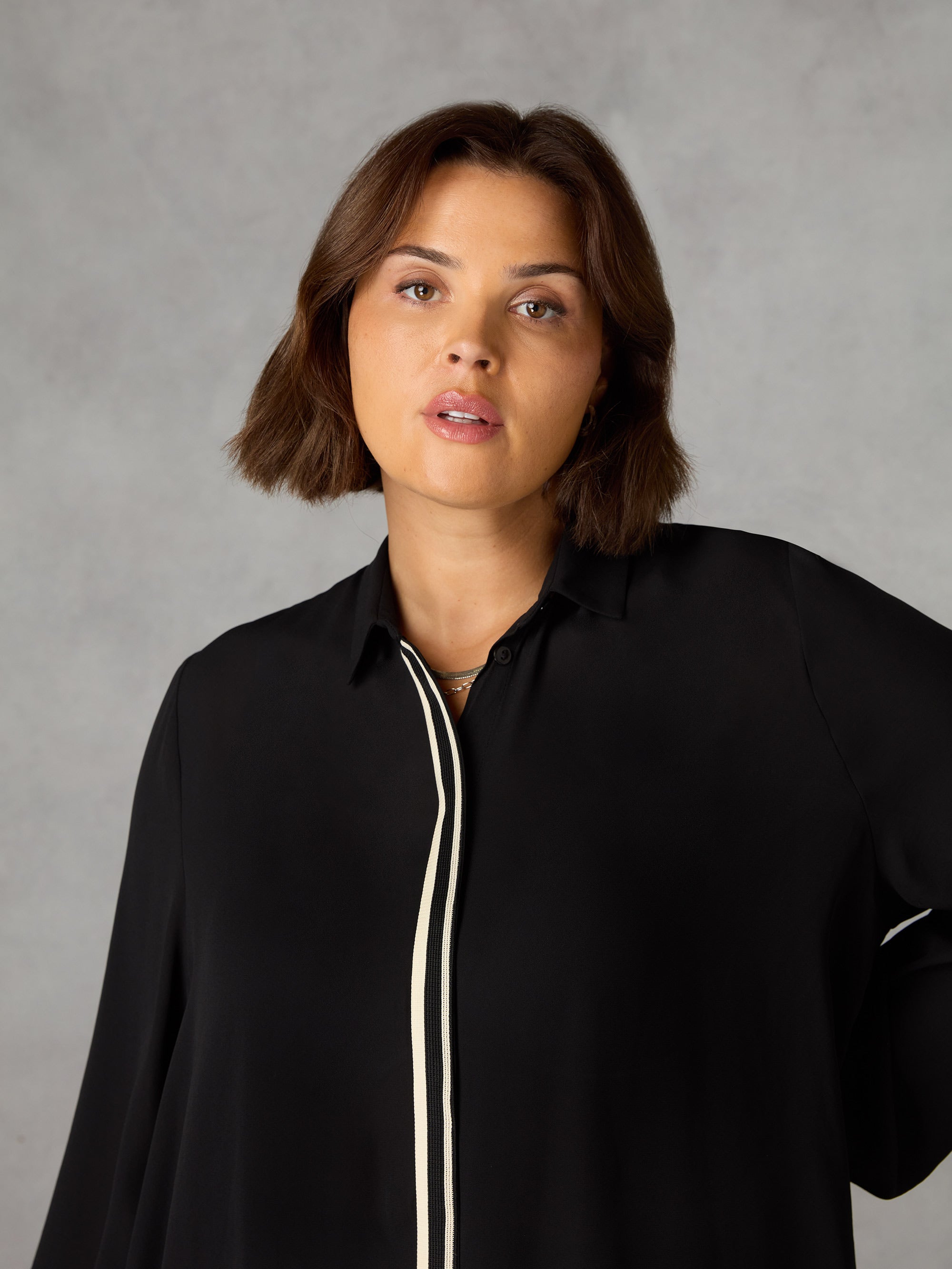 Black Chiffon Trim Front Longline Shirt