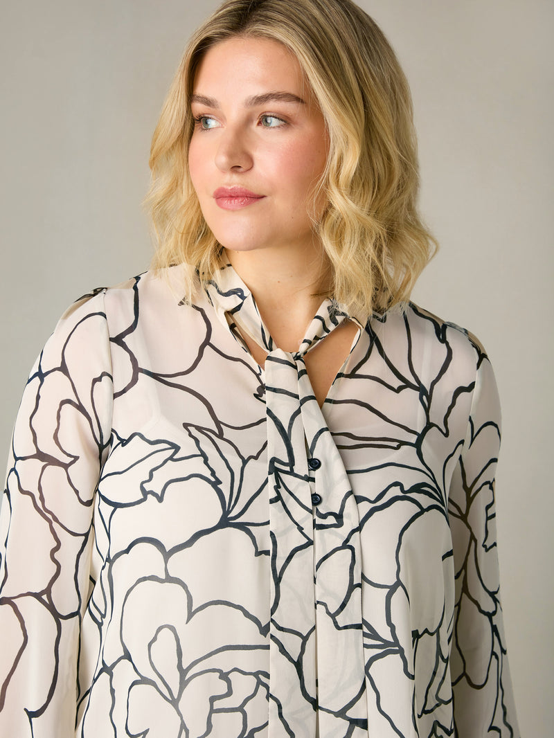 Stone Floral Print Chiffon Tie Neck Blouse