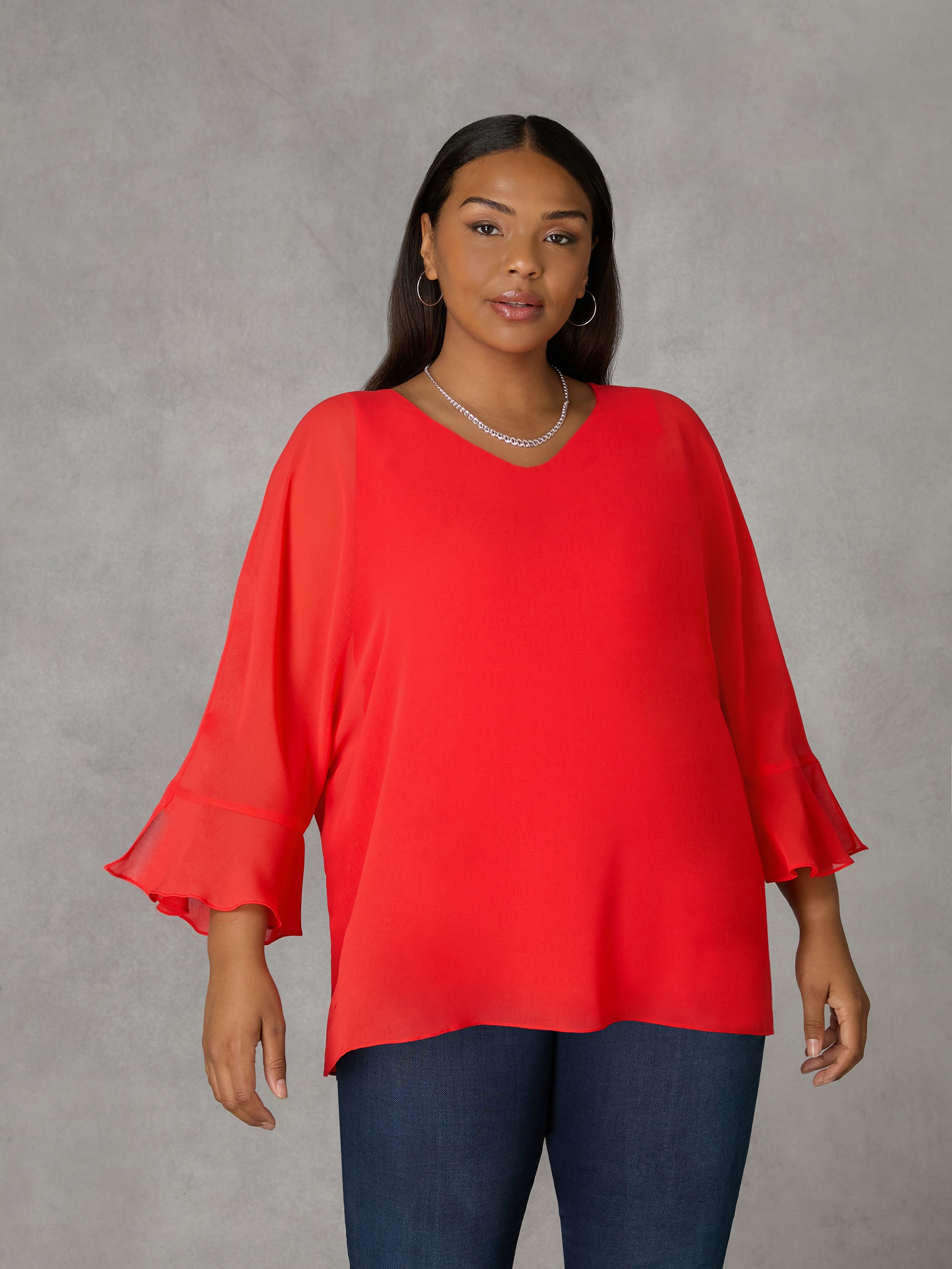 Red Flute Sleeve Overlay Top