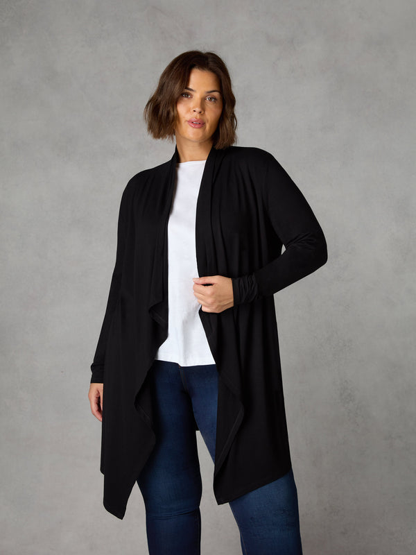 Black Jersey Waterfall Longline Cardigan