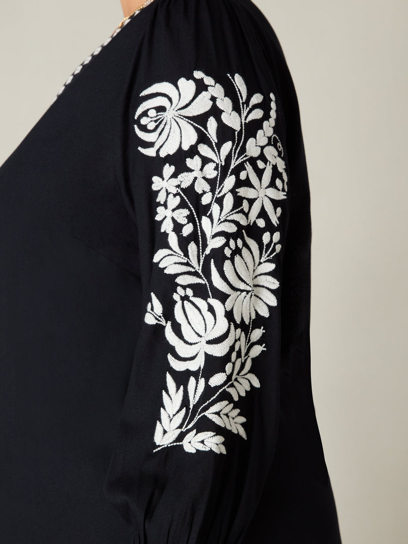 Black Embroidered Swing Dress