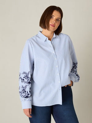 Model wears Blue Stripe Embroidered Shirt