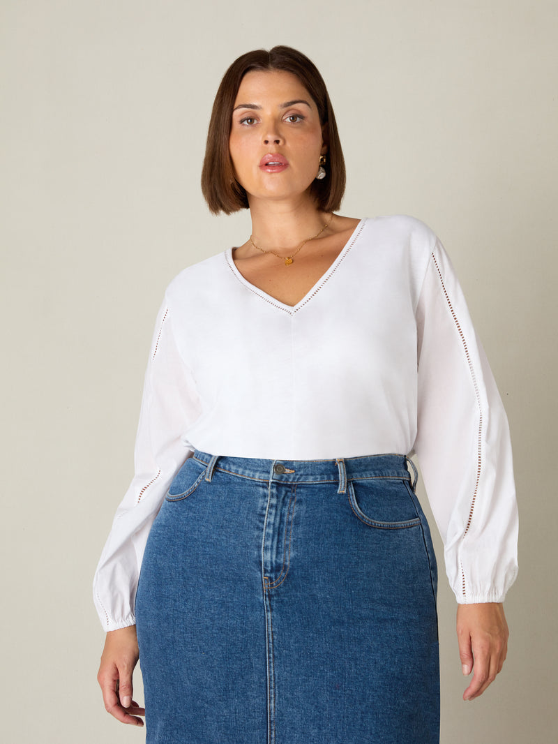 White Cotton Slub Ladder Trim T-Shirt