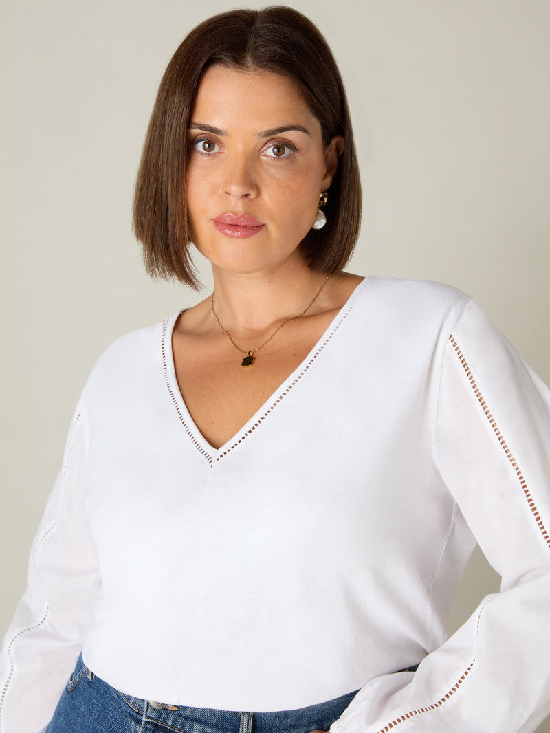 White Cotton Slub Ladder Trim T-Shirt