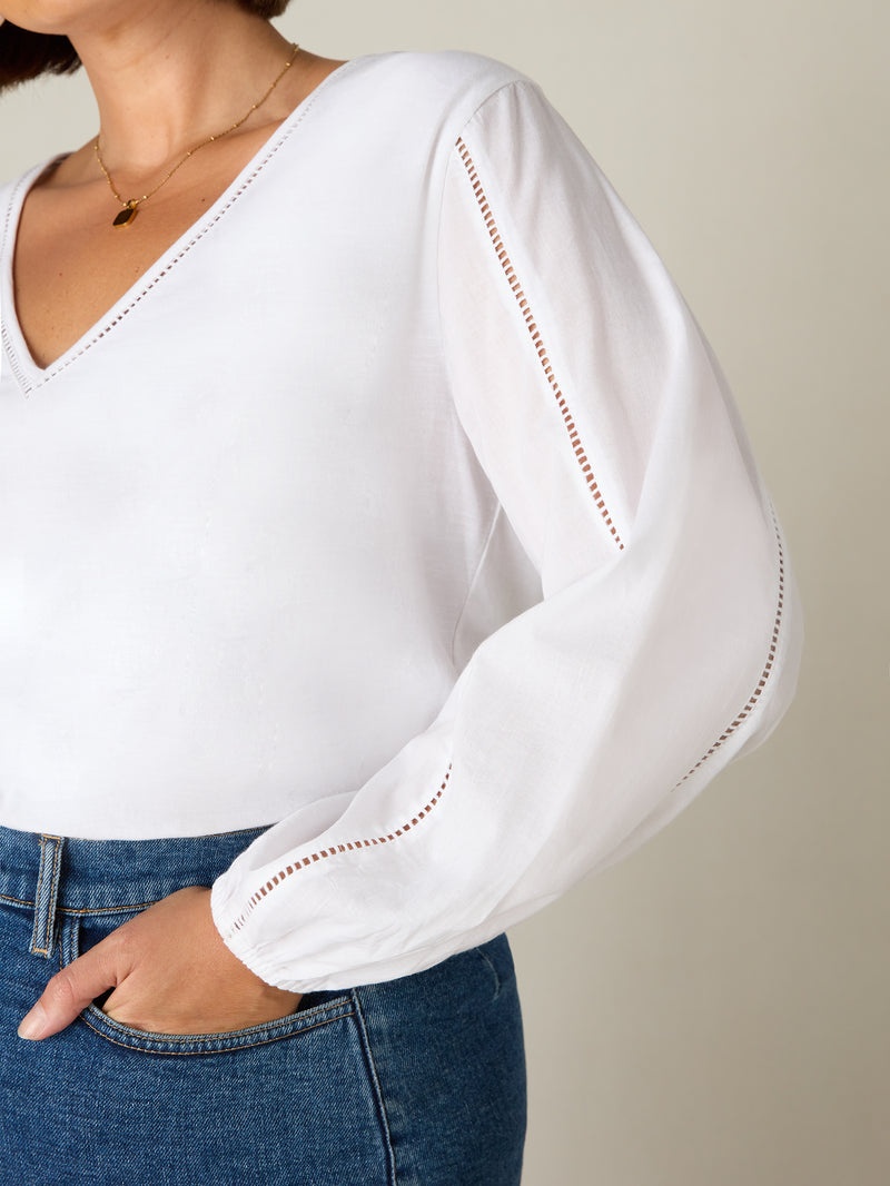 White Cotton Slub Ladder Trim T-Shirt