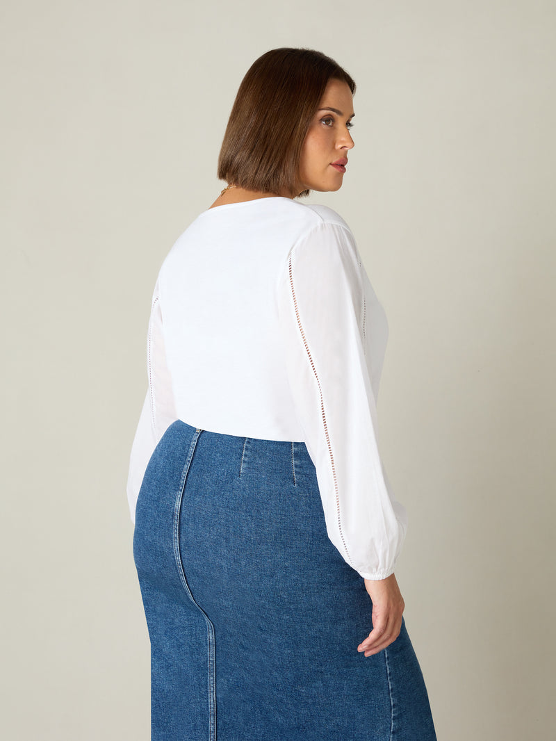 White Cotton Slub Ladder Trim T-Shirt