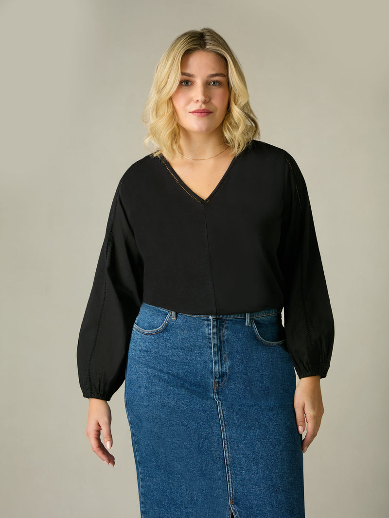 Black Cotton Slub Ladder Trim T-Shirt