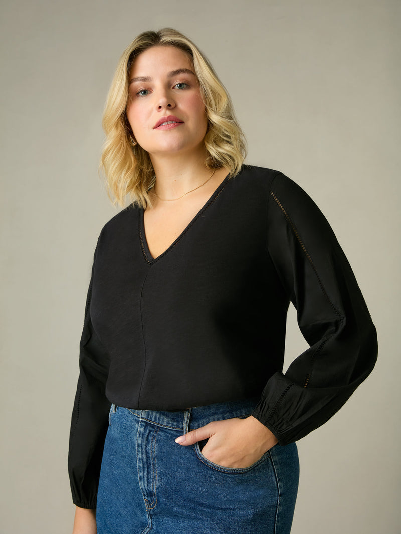 Black Cotton Slub Ladder Trim T-Shirt