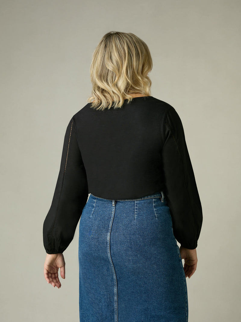 Black Cotton Slub Ladder Trim T-Shirt