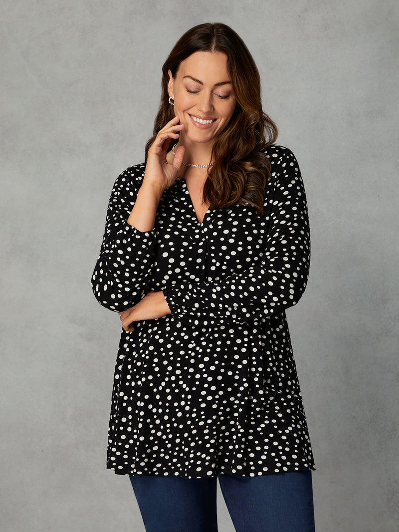 Petite Mono Spot Print Jersey Notch Front Top