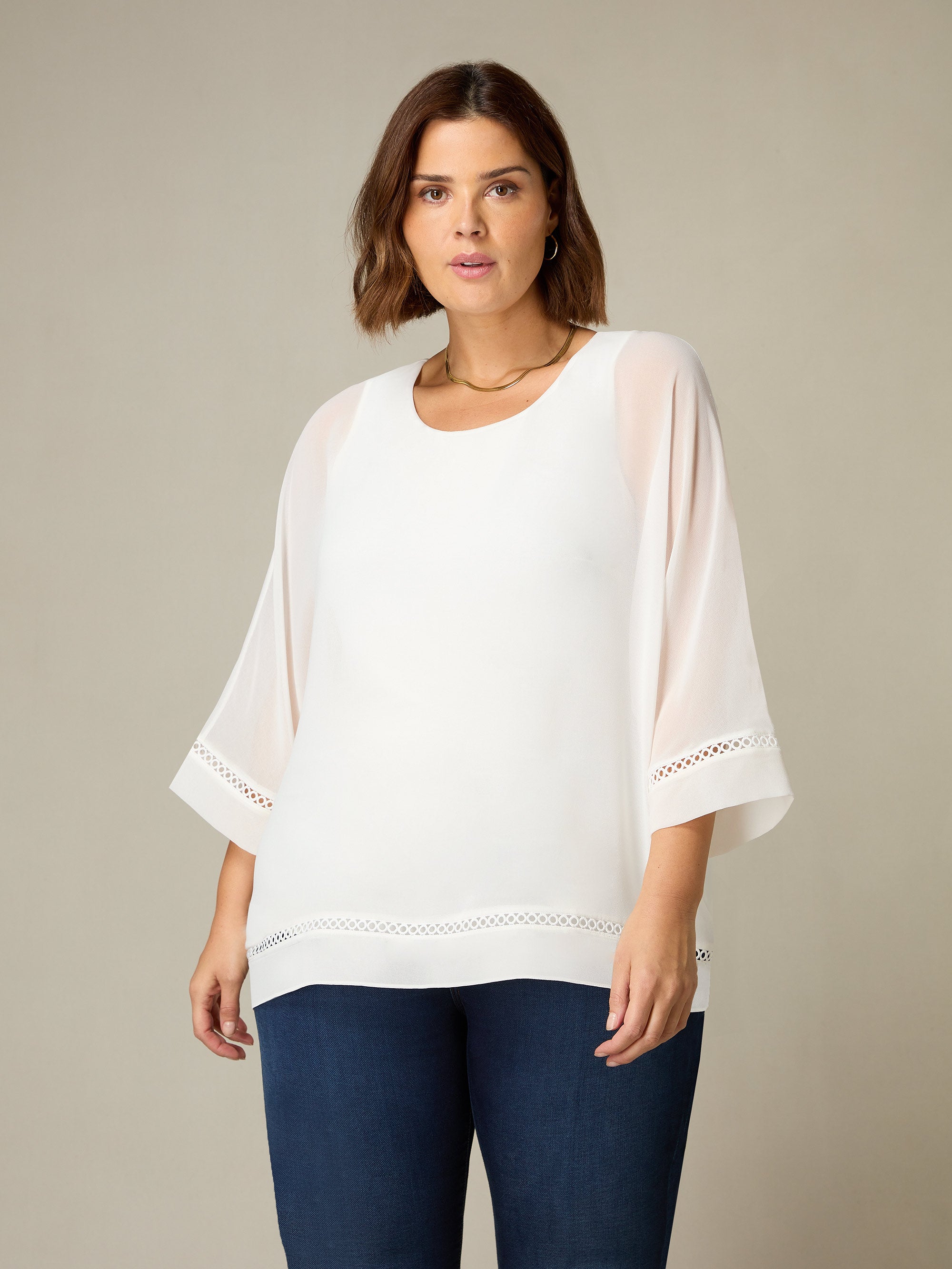 Ivory Chiffon Trim Insert Overlay Top