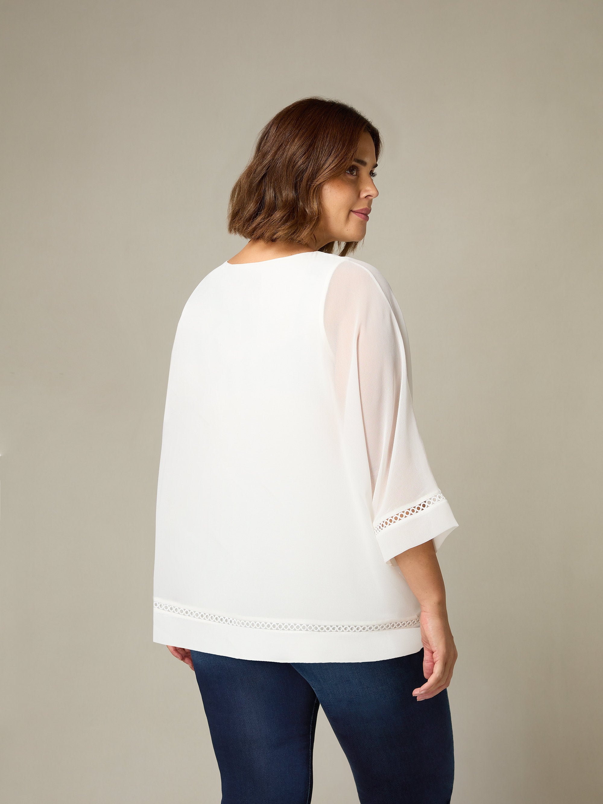 Ivory Chiffon Trim Insert Overlay Top