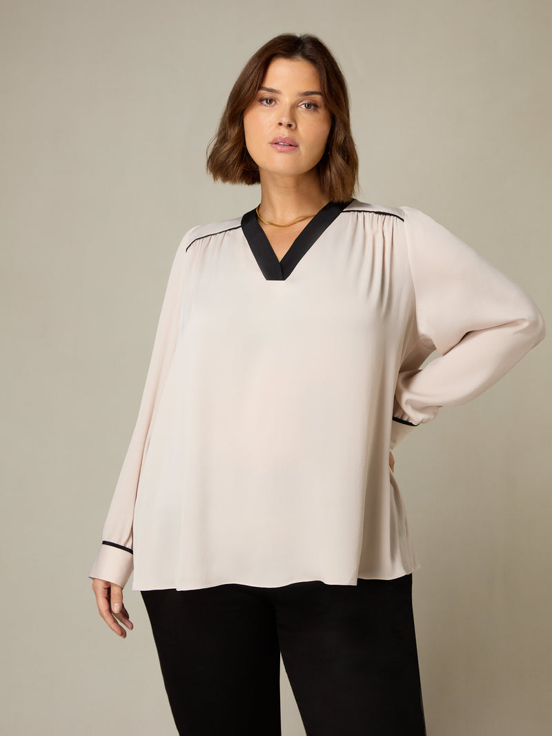 Stone Contrast Neck Band Blouse