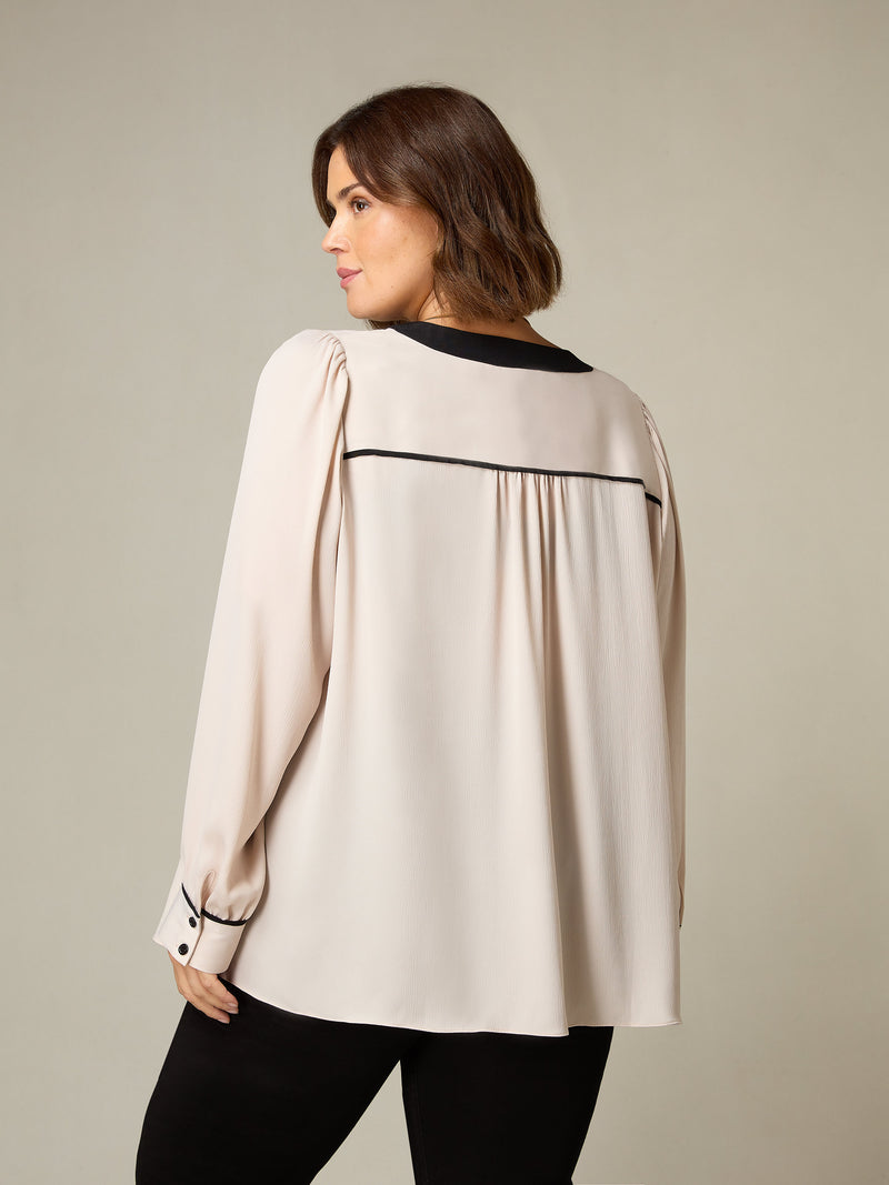 Stone Contrast Neck Band Blouse