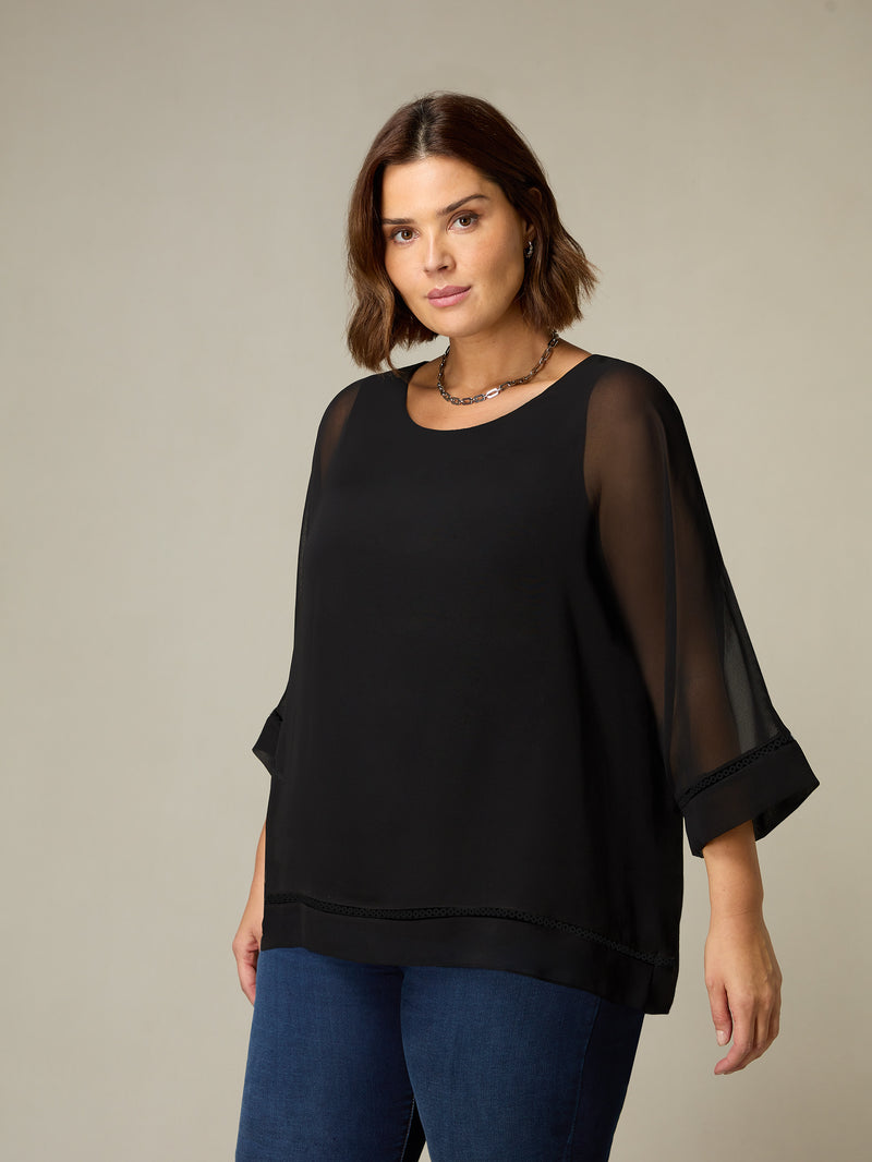 Black Chiffon Trim Insert Overlay Top