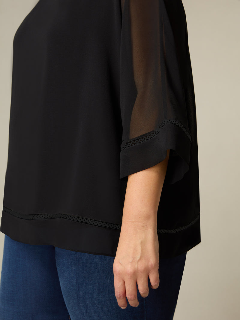 Black Chiffon Trim Insert Overlay Top