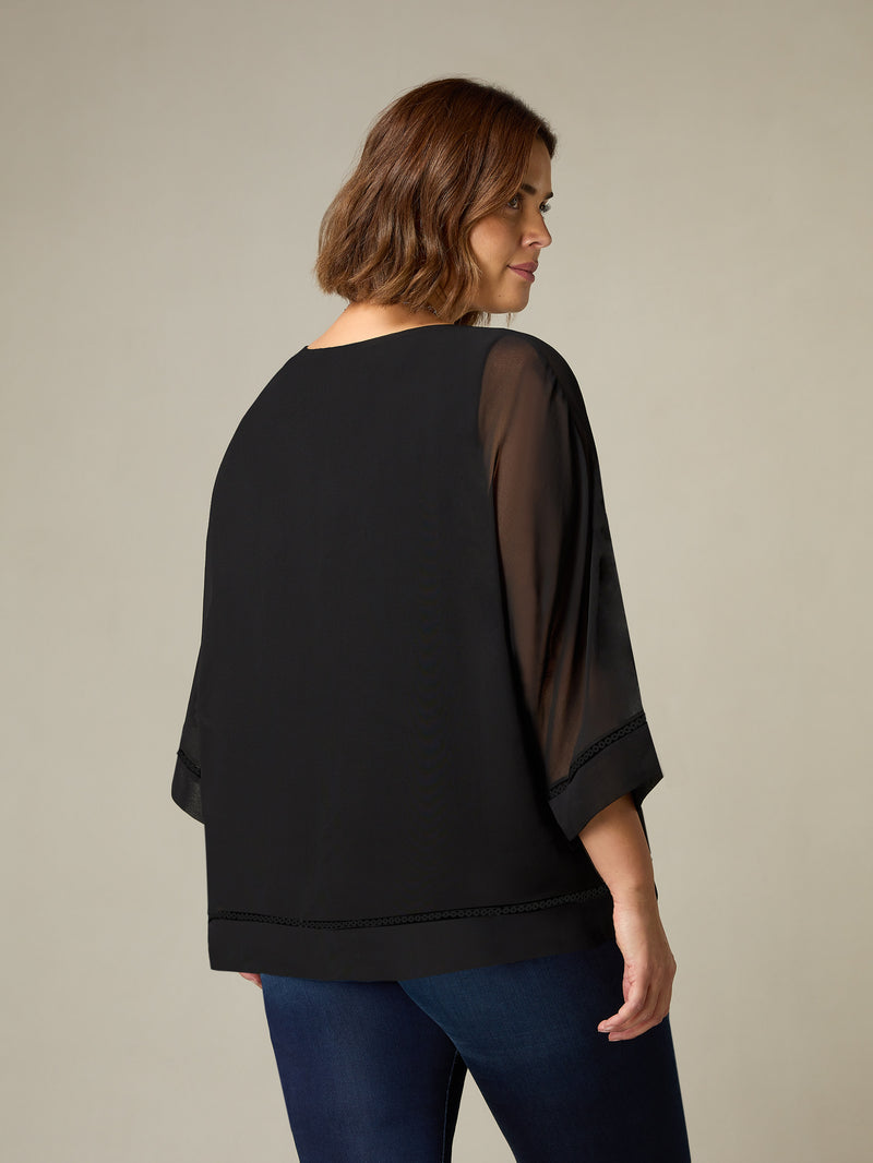 Black Chiffon Trim Insert Overlay Top