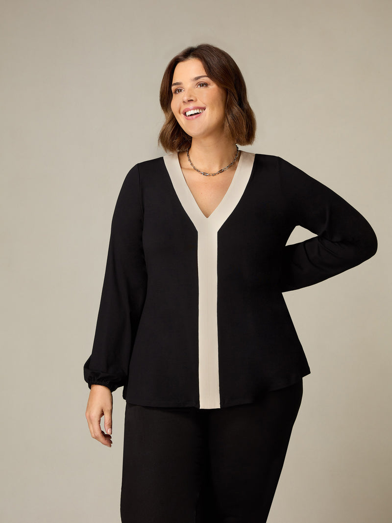 Black Jersey Contrast Placket Top