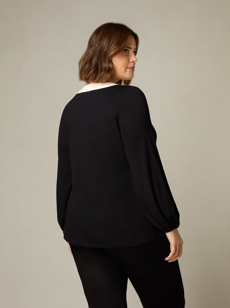 Black Jersey Contrast Placket Top