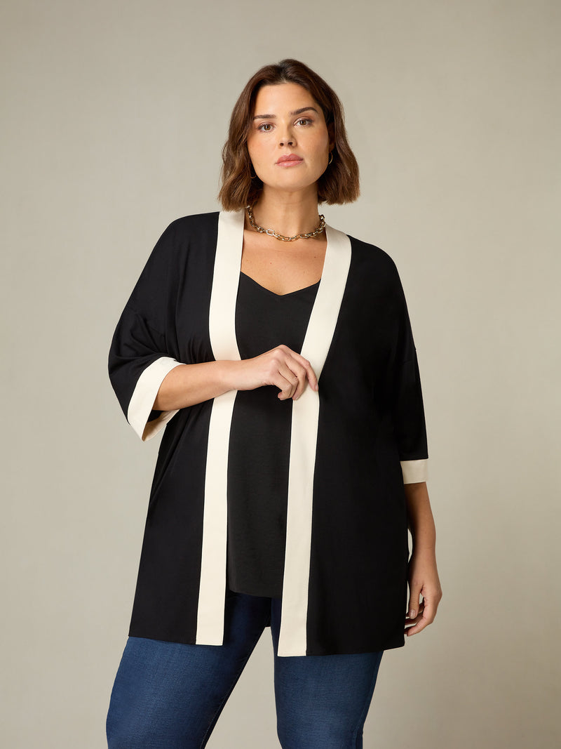Black Jersey Contrast Band Kimono