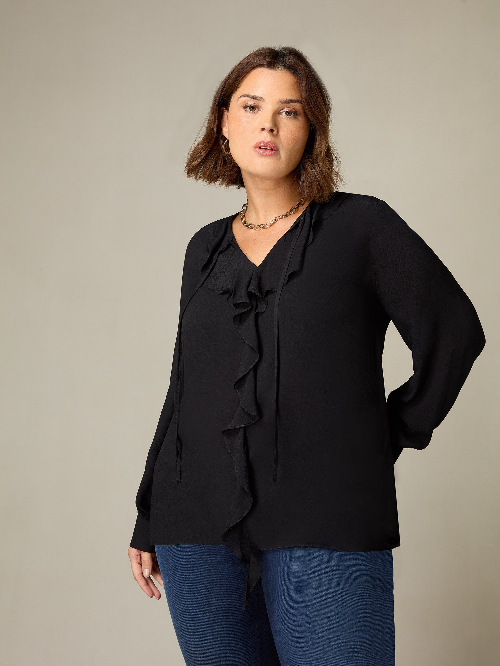 Black Ruffle Front Blouse