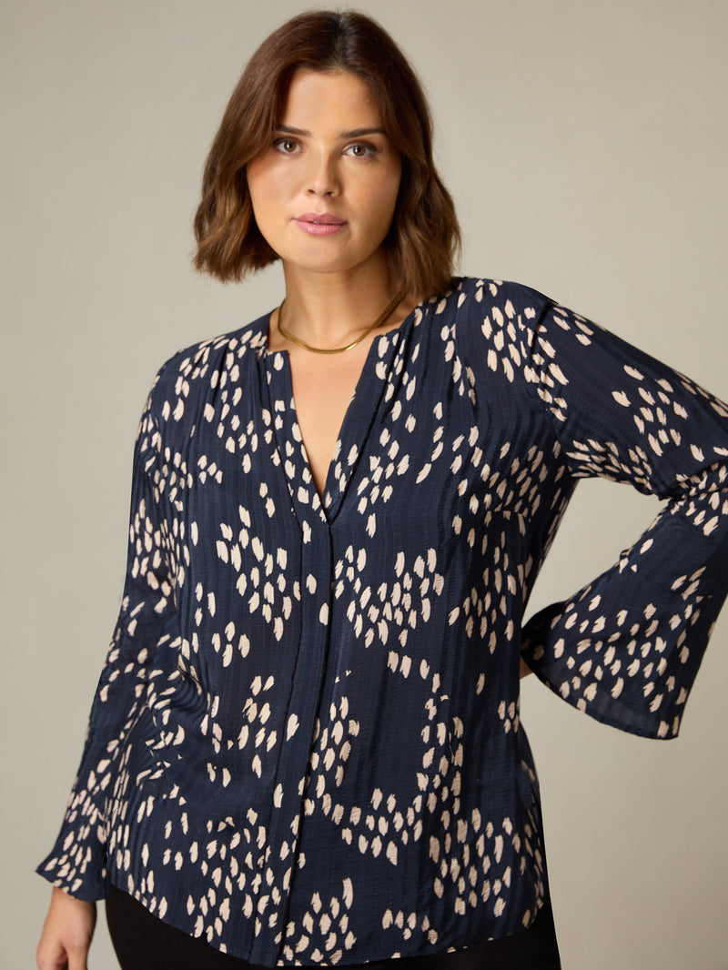 Stone Dash Print Flute Sleeve Blouse