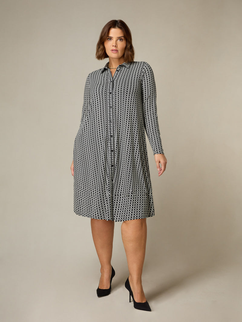 Mono Geo Print Jersey Relaxed Shirt Dress