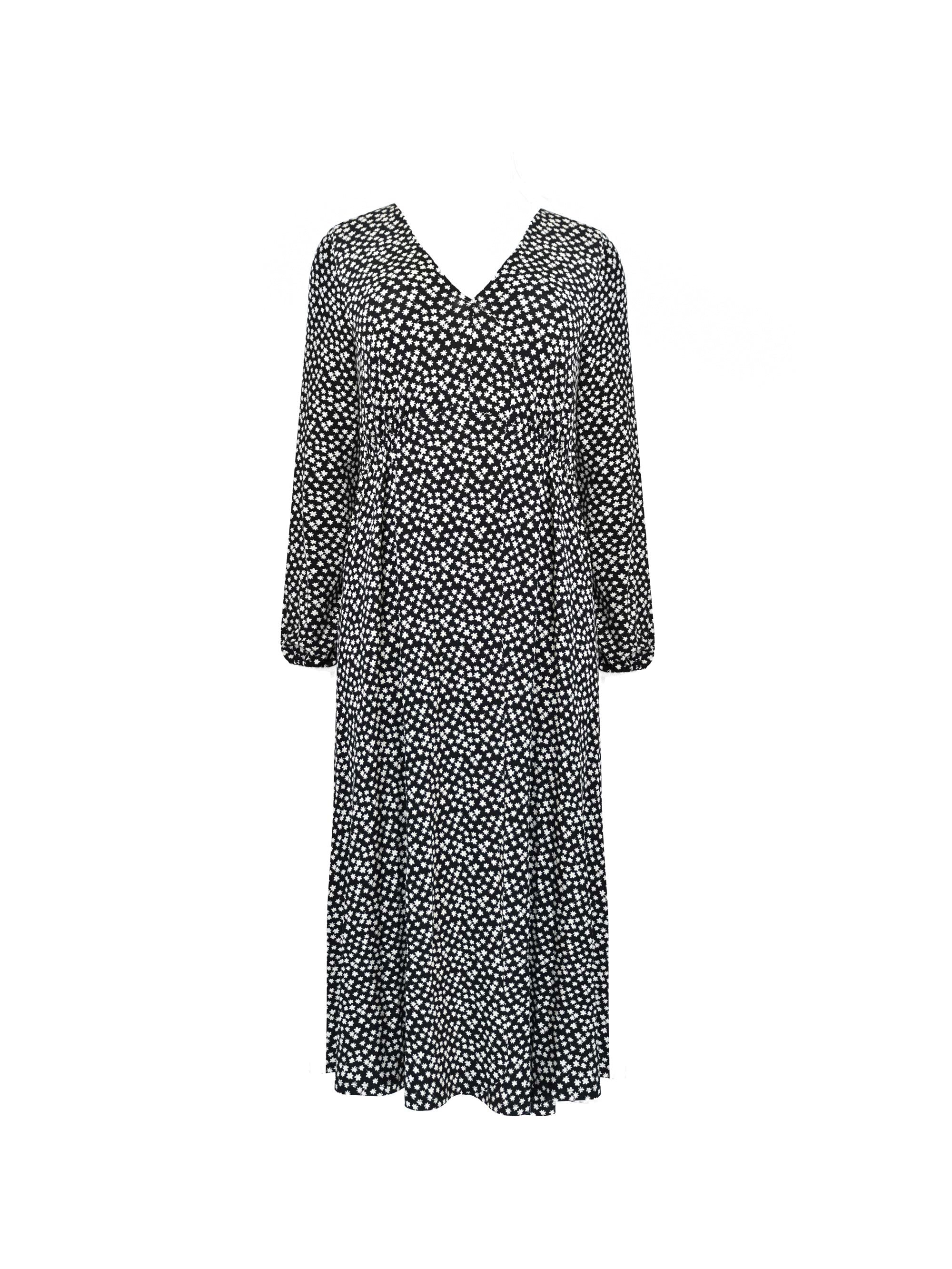 Mono Ditsy Print Jersey Gathered Waist Midi Dress