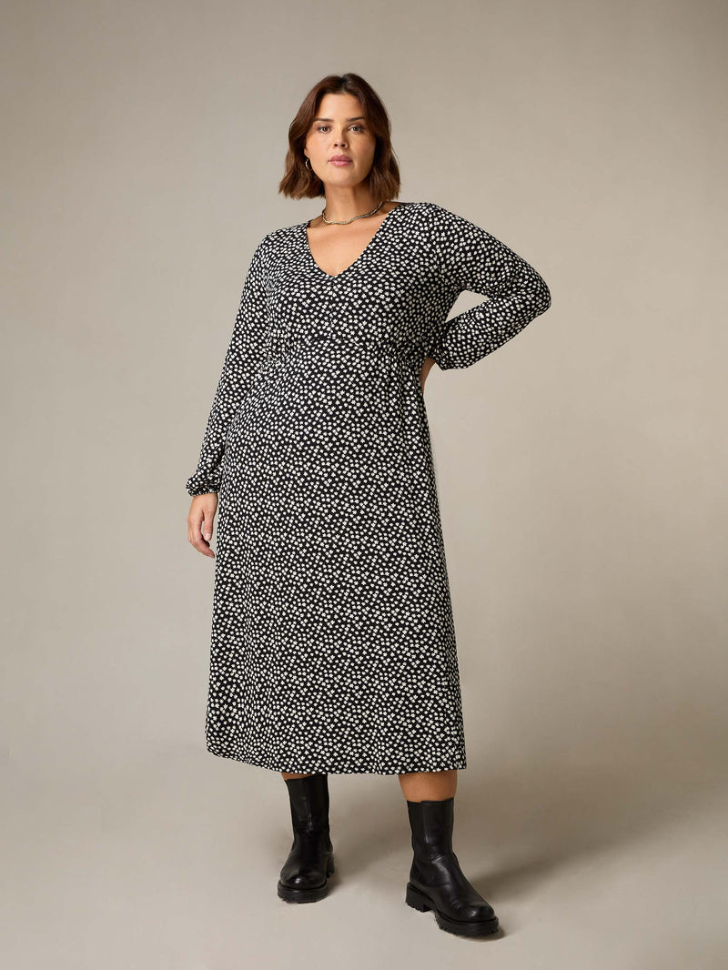 Mono Ditsy Print Jersey Gathered Waist Midi Dress