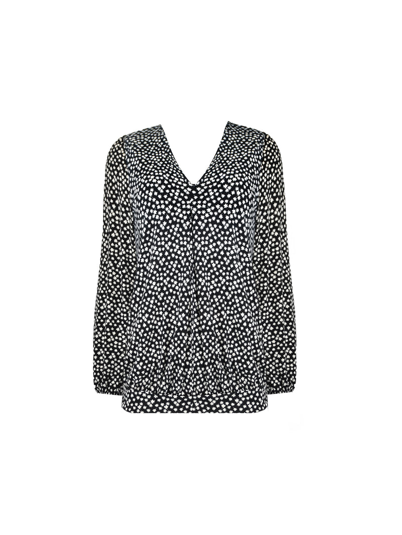 Mono Ditsy Print Jersey Pleat Front Top