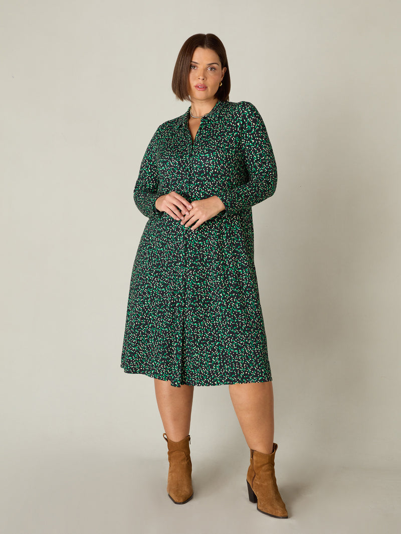 Green Spot Print Jersey Relaxed Shirt Dress