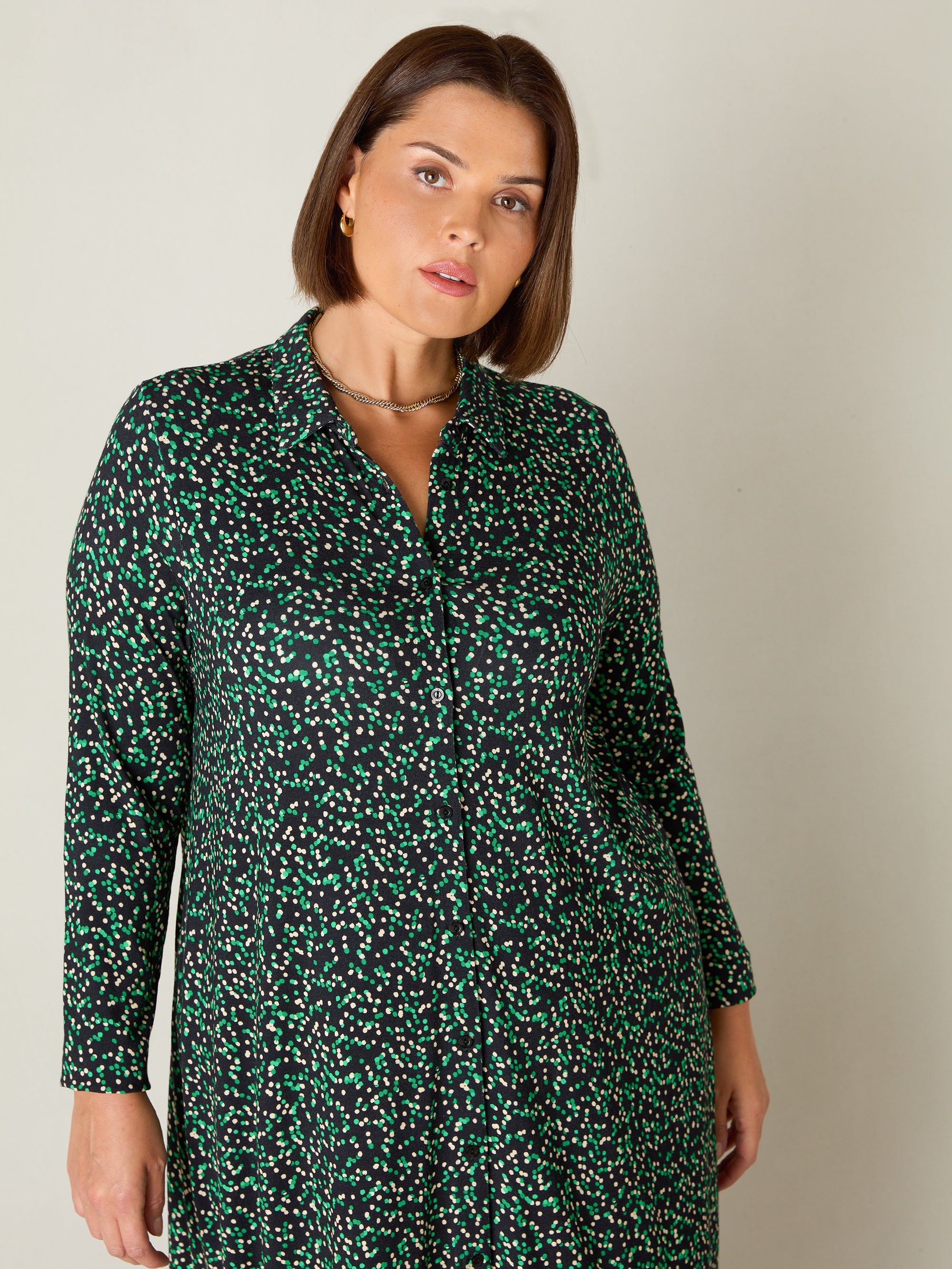 Green Spot Print Jersey Relaxed Shirt Dress