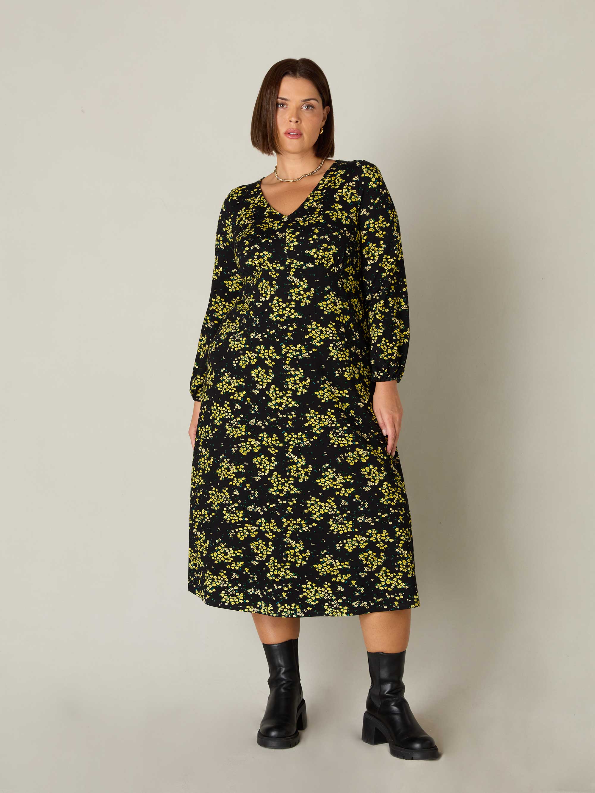 Yellow Ditsy Print Jersey Gathered Waist Midi Dress