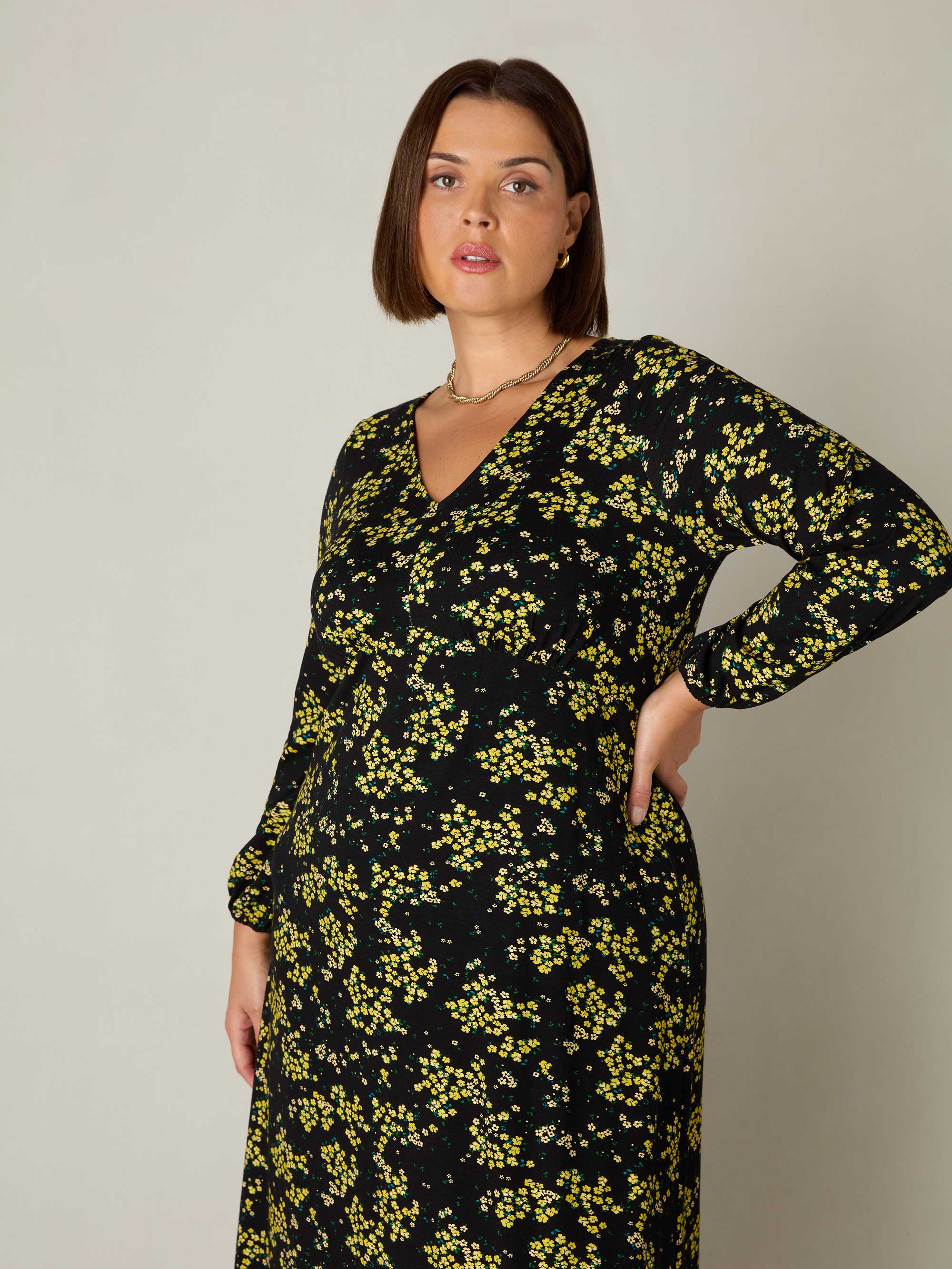 Yellow Ditsy Print Jersey Gathered Waist Midi Dress