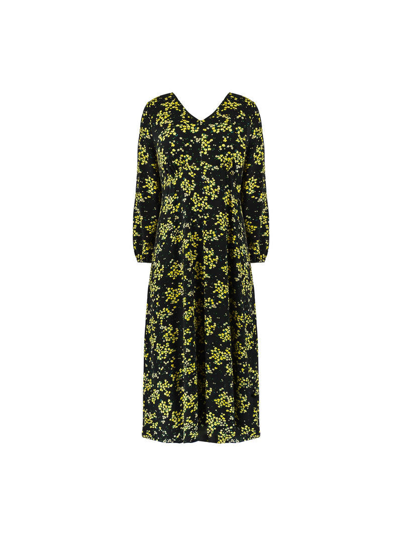 Petite Yellow Ditsy Print Jersey Gathered Waist Midi Dress