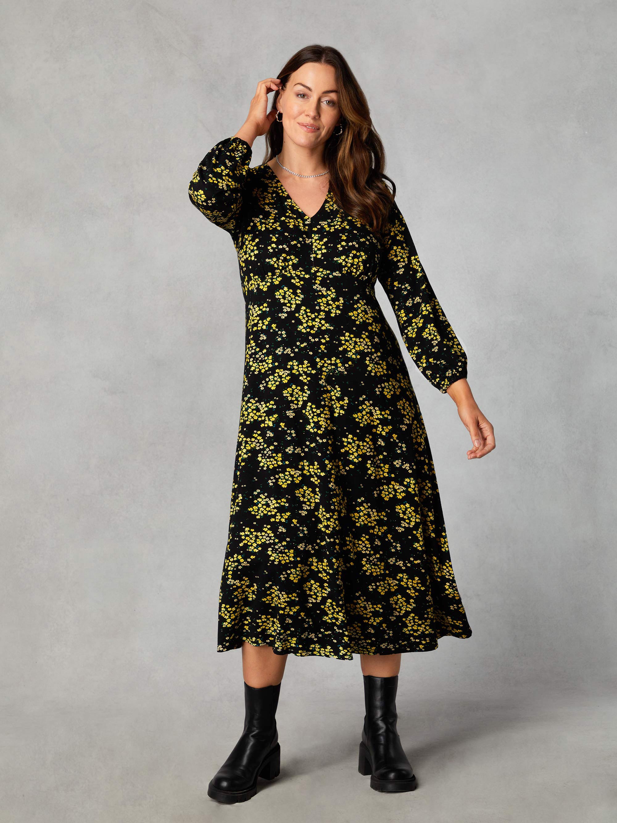 Petite Yellow Ditsy Print Jersey Gathered Waist Midi Dress