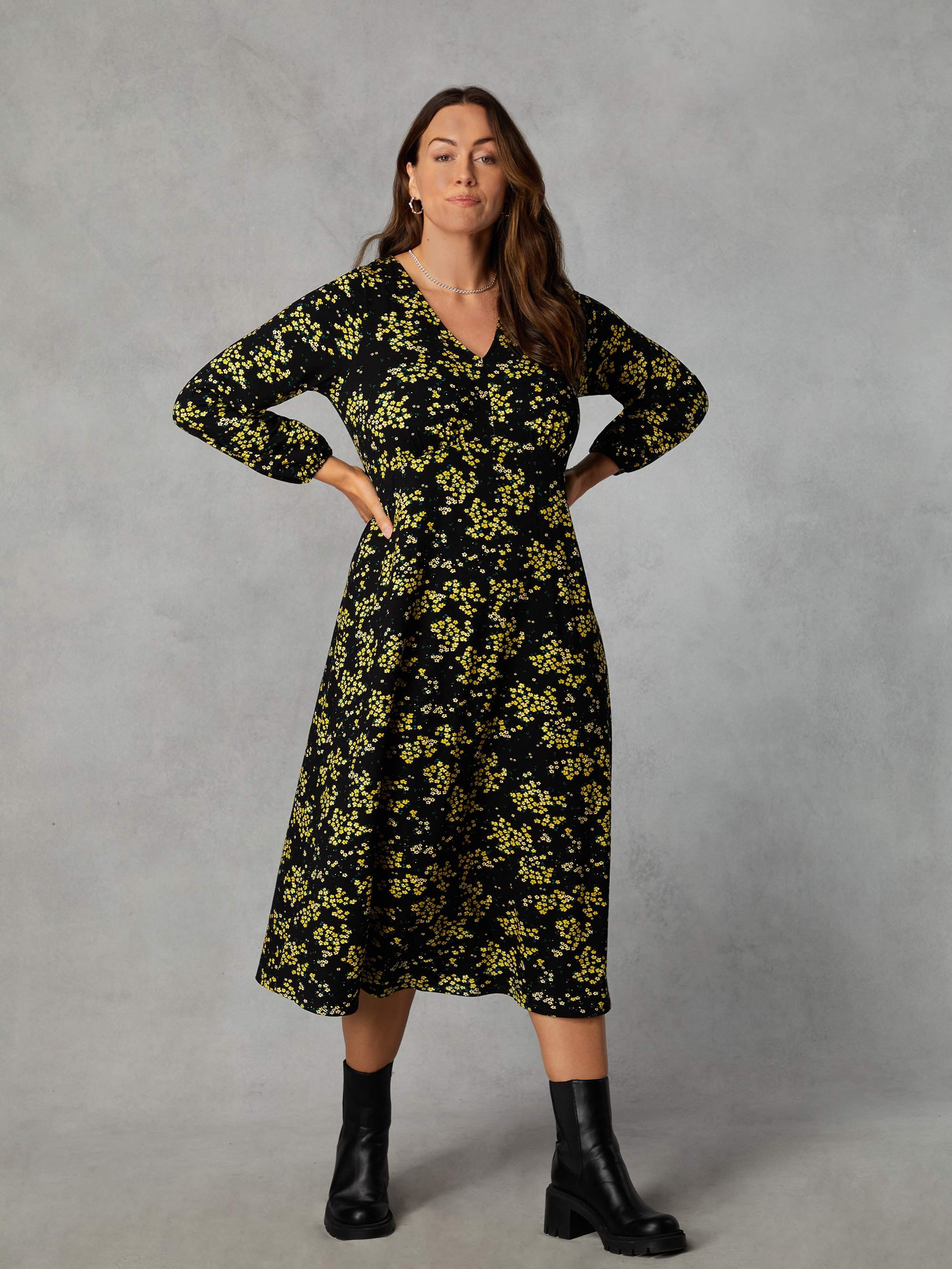 Petite Yellow Ditsy Print Jersey Gathered Waist Midi Dress