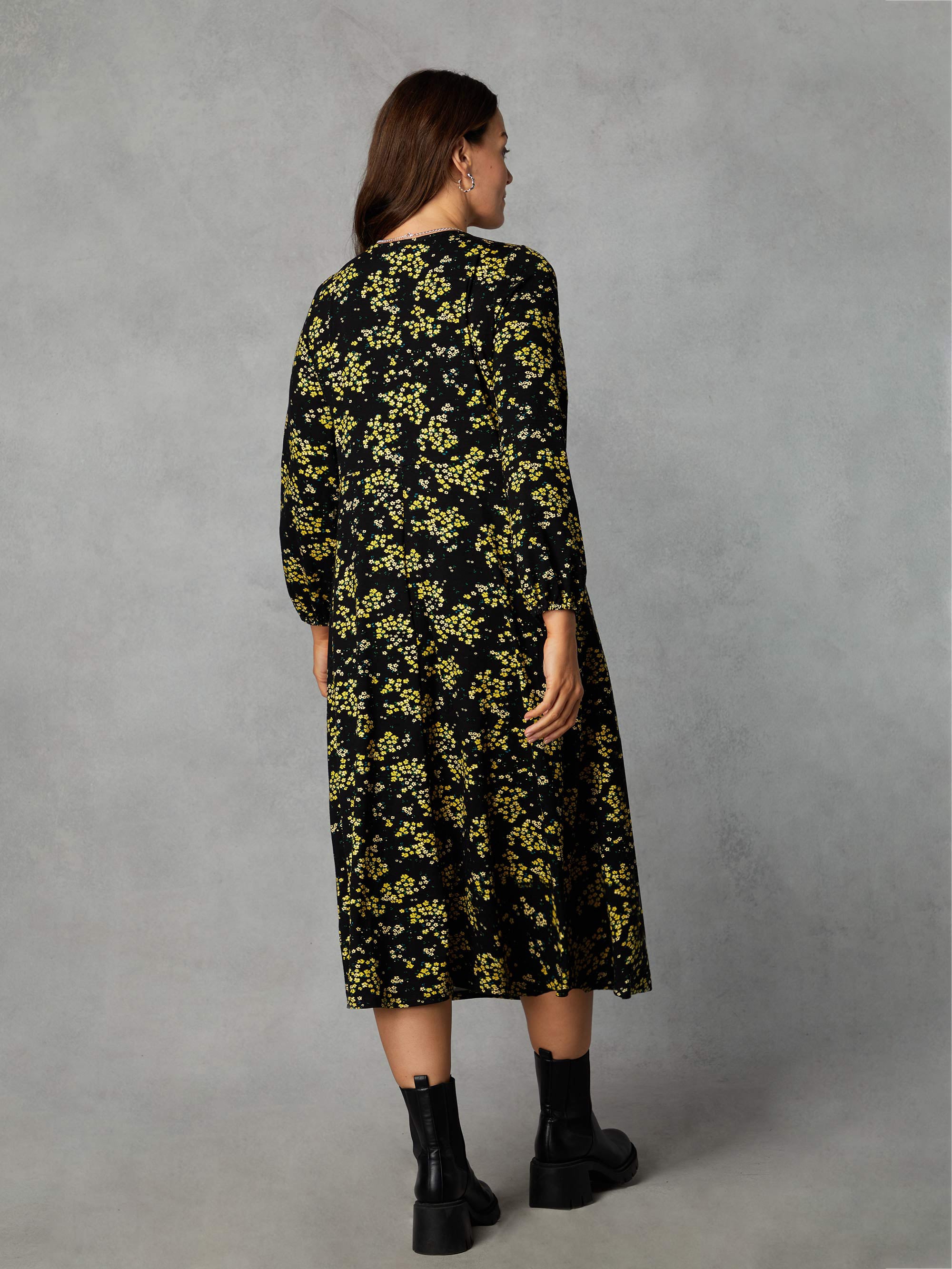 Petite Yellow Ditsy Print Jersey Gathered Waist Midi Dress