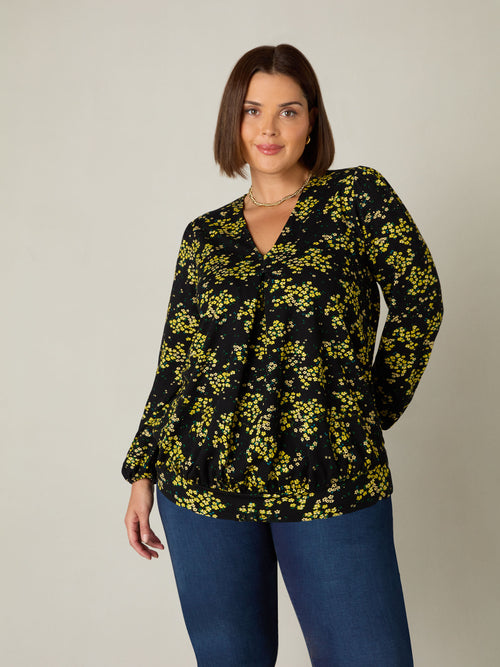 Yellow Ditsy Print Jersey Pleat Front Top