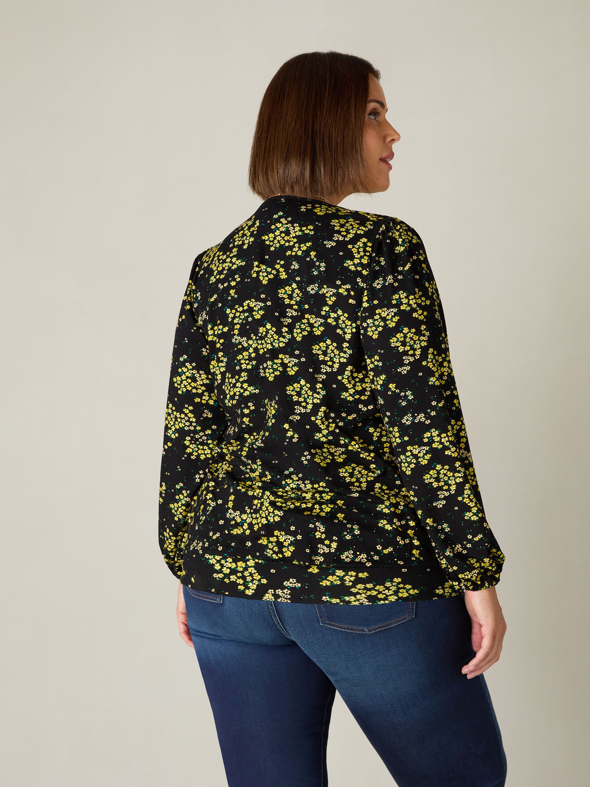 Yellow Ditsy Print Jersey Pleat Front Top