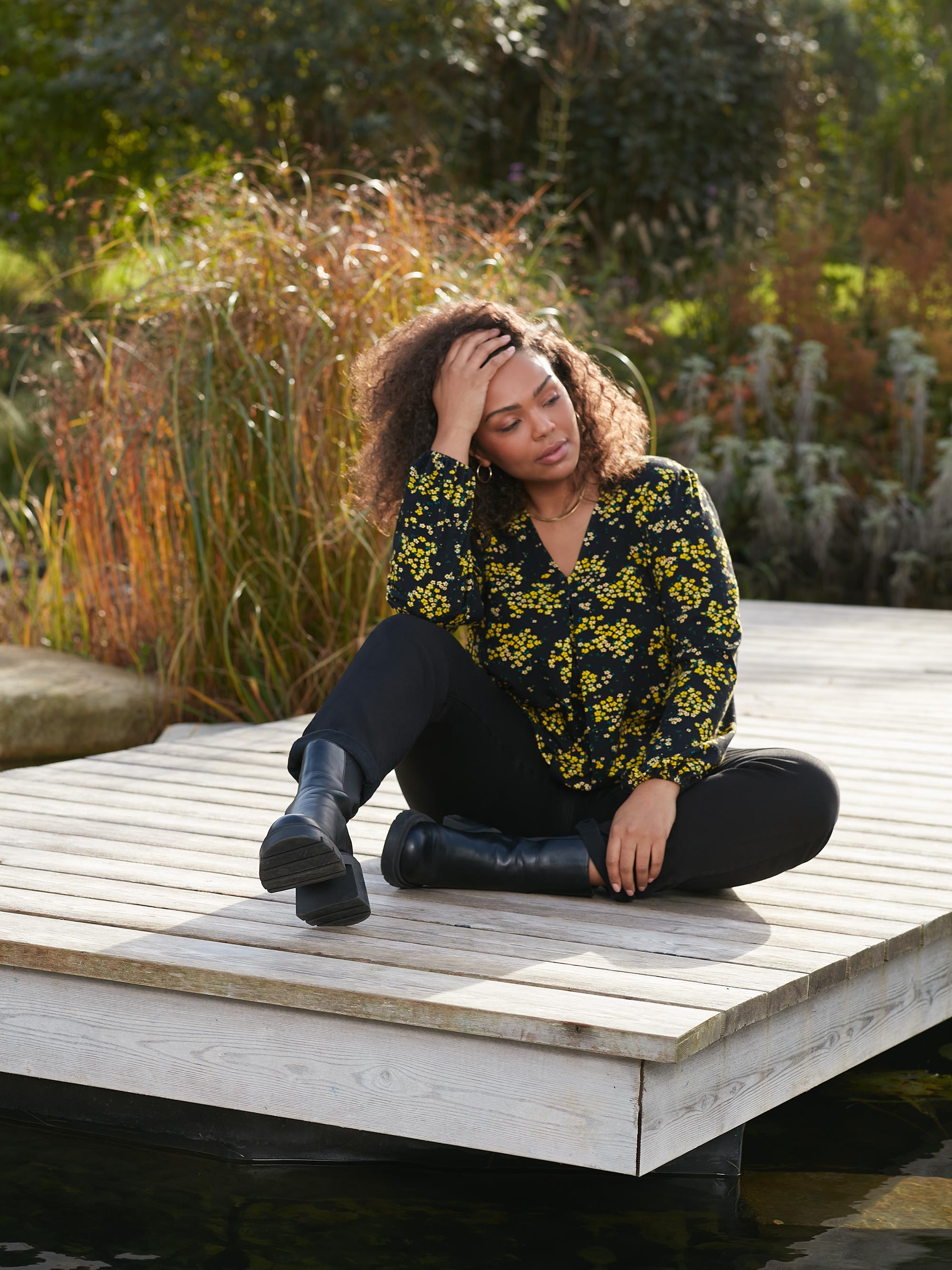 Yellow Ditsy Print Jersey Pleat Front Top