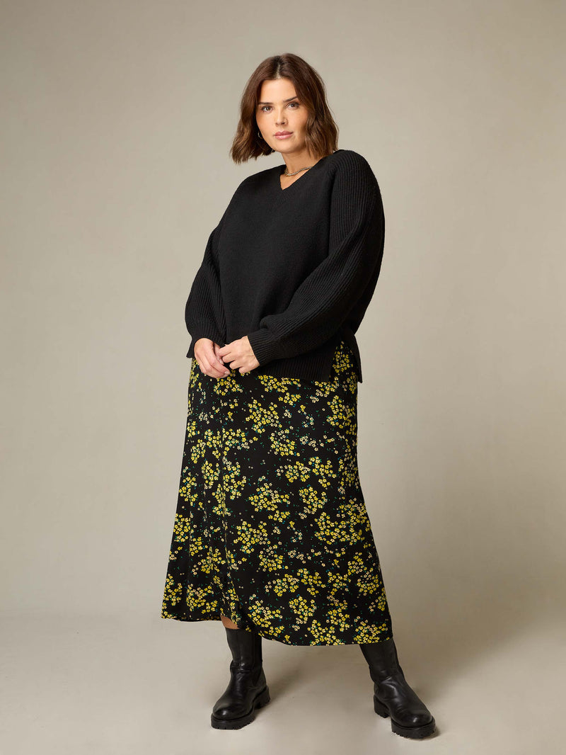 Yellow Ditsy Print Jersey Swing Skirt