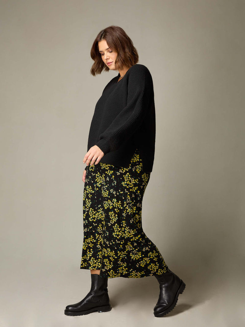 Yellow Ditsy Print Jersey Swing Skirt