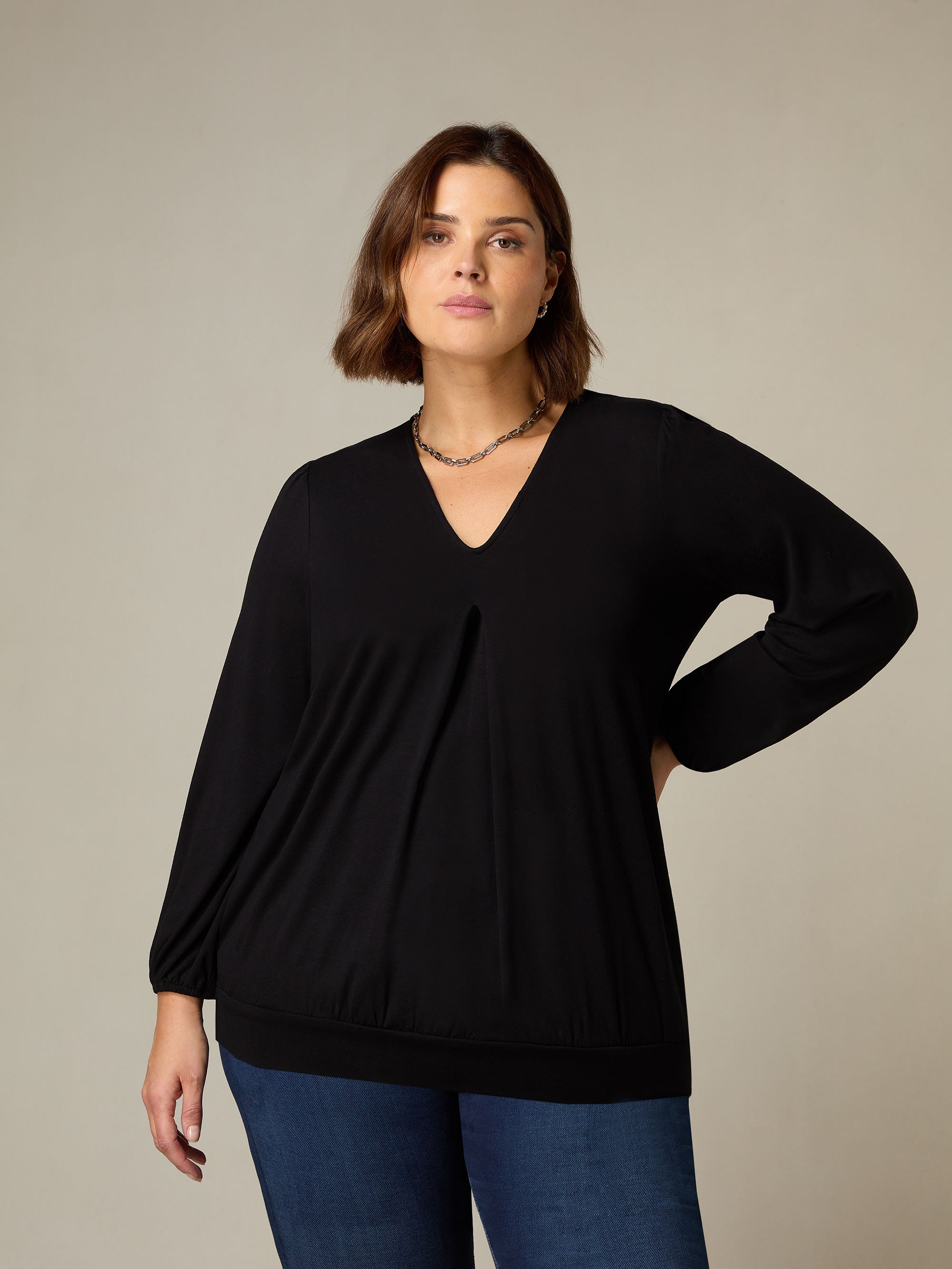 Black Jersey Pleat Front Top