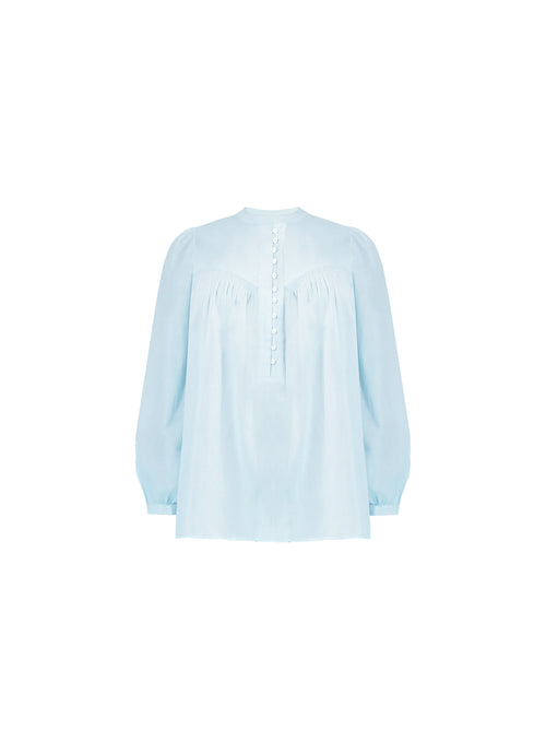 Blue Cotton Button Front Relaxed Blouse