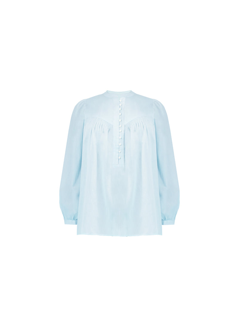 Blue Cotton Button Front Relaxed Blouse